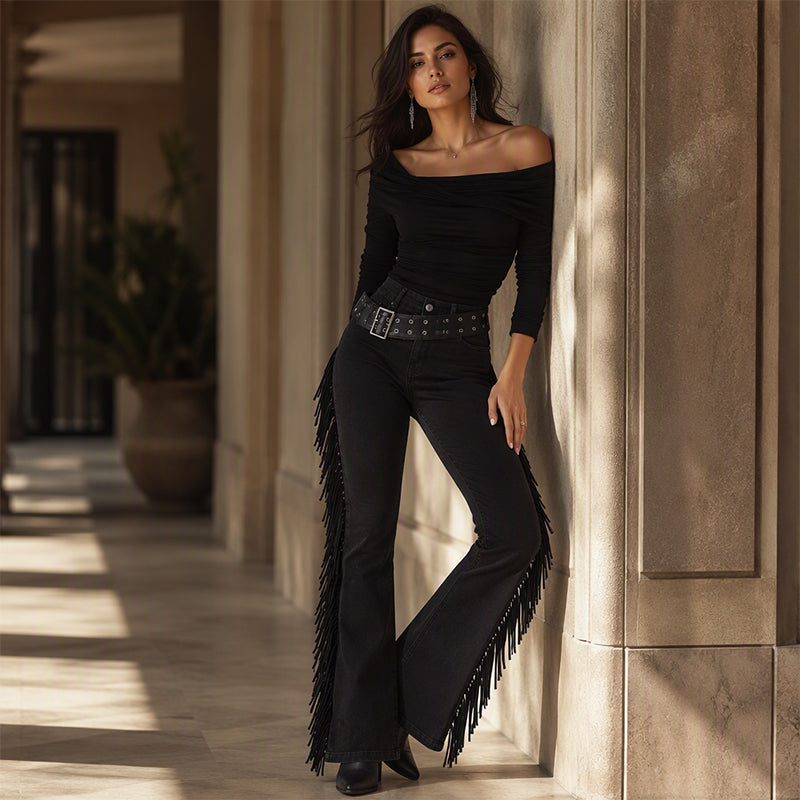 Bestseller🏆Women's High-Waist Flare Jeans with Side Fringe