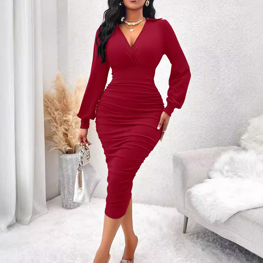 ⏰Last Day Sale 50% Off💃Women's V-Neck Lantern Sleeve Ruched Bodycon Dress