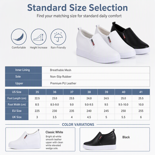 Women's Soft Leather Slip On Shoes with Hidden Height Increasing Flat Non Slip Sole