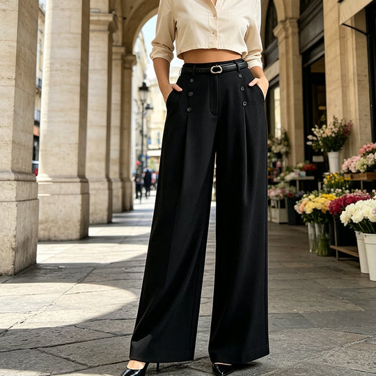 ✨ Double-Button Detail, Flattering Drape | Women's High-Waist Wide-Leg Pants