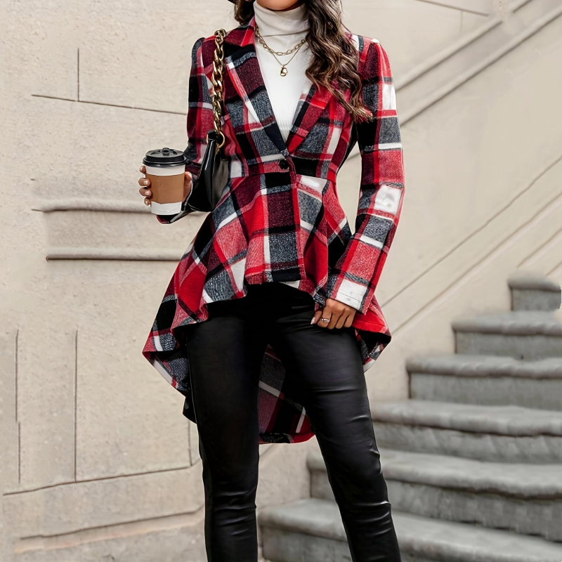 🎀 ✨Women's Plaid High-Low Peplum Coat