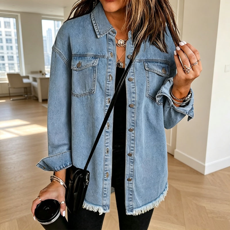 💖Black Friday Mega Deal – 50% off!💖💙 Women's Raw Edge Ripped Denim Jacket – Street Fashion, Multiple Pockets & Easy to Pair ✨