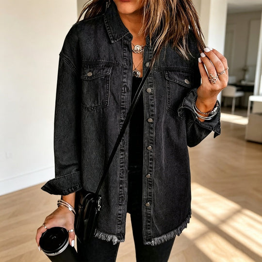 💖Black Friday Mega Deal – 50% off!💖💙 Women's Raw Edge Ripped Denim Jacket – Street Fashion, Multiple Pockets & Easy to Pair ✨