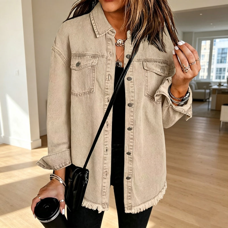 💖Black Friday Mega Deal – 50% off!💖💙 Women's Raw Edge Ripped Denim Jacket – Street Fashion, Multiple Pockets & Easy to Pair ✨
