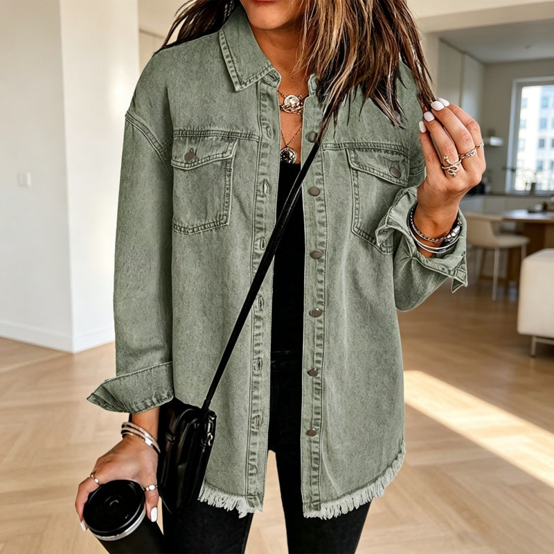 💖Black Friday Mega Deal – 50% off!💖💙 Women's Raw Edge Ripped Denim Jacket – Street Fashion, Multiple Pockets & Easy to Pair ✨