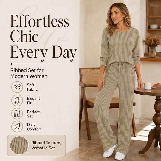 Women's Ribbed Knit Top & Straight Pants Set