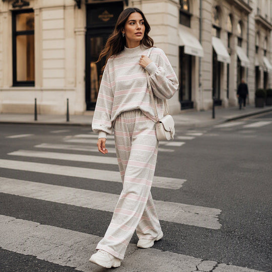 Women's Striped Mock Neck Top & Wide-Leg Pants Set