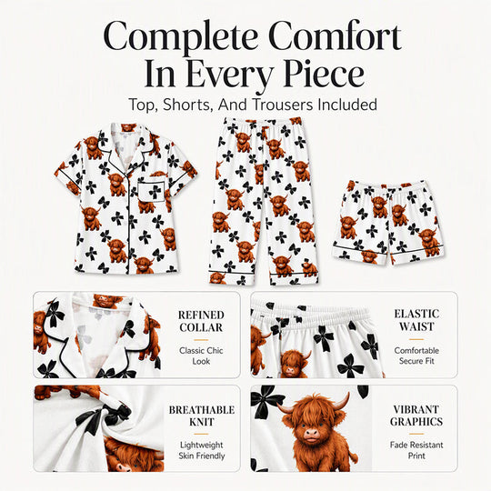 Women's Highland Cow Print 3-Piece Pajama Set