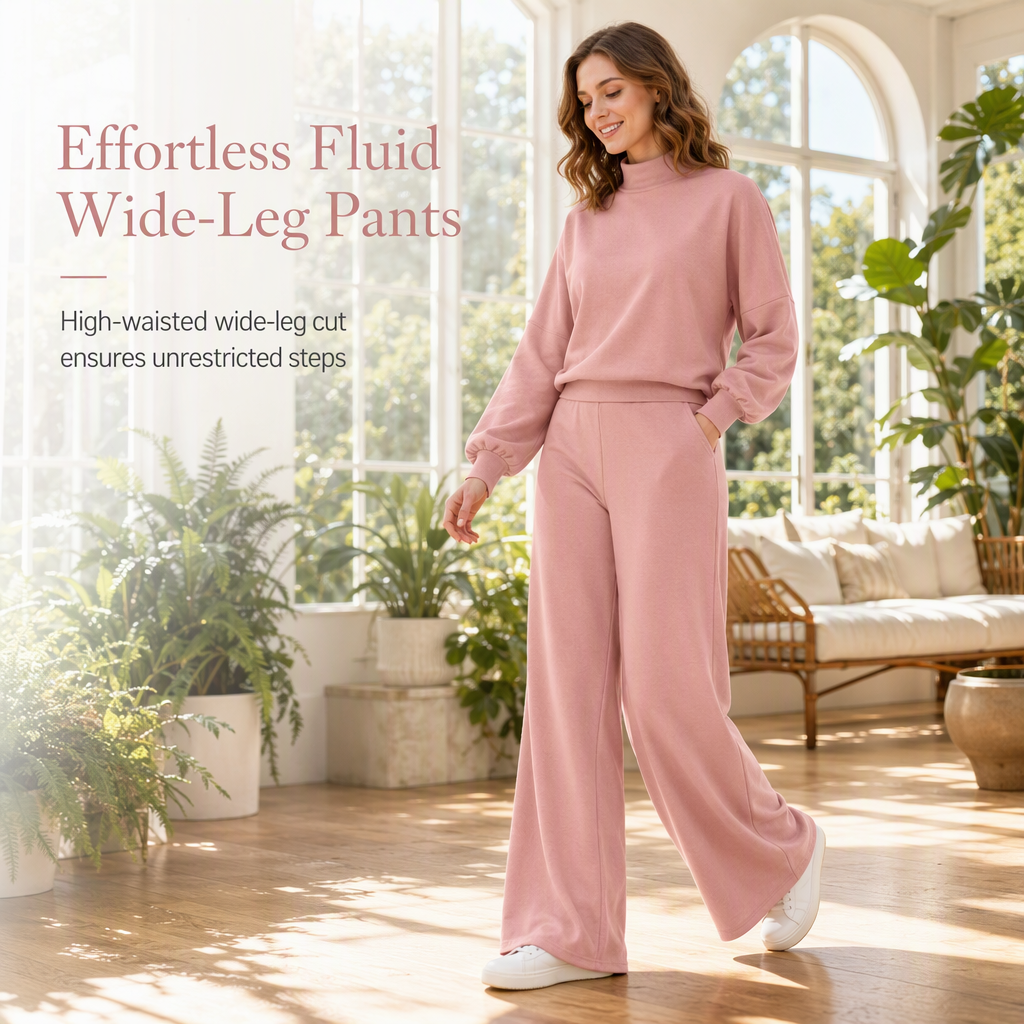 Women's Casual Two-Piece Knit Lounge Set with Mock Neck Long Sleeve Sweatshirt and High-Waisted Wide-Leg Pants