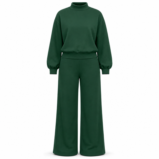 Women's Casual Two-Piece Knit Lounge Set with Mock Neck Long Sleeve Sweatshirt and High-Waisted Wide-Leg Pants