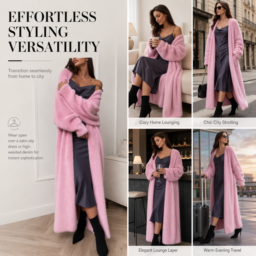 Women's Faux Mink Fleece Long Cardigan Sweater Fluffy Oversized Knit Coat for Autumn and Winter