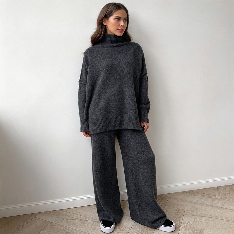 Women's Cozy Turtleneck Sweater and Wide-Leg Pants Set