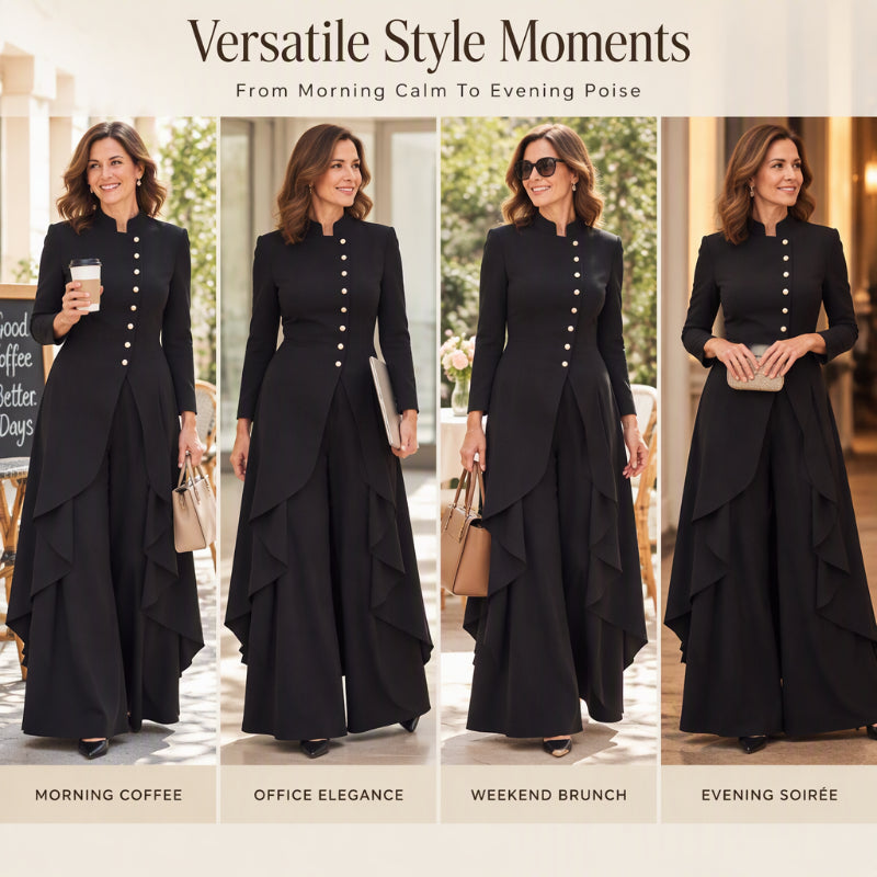 Women's Elegant Longline Coat and Wide-Leg Pants Set
