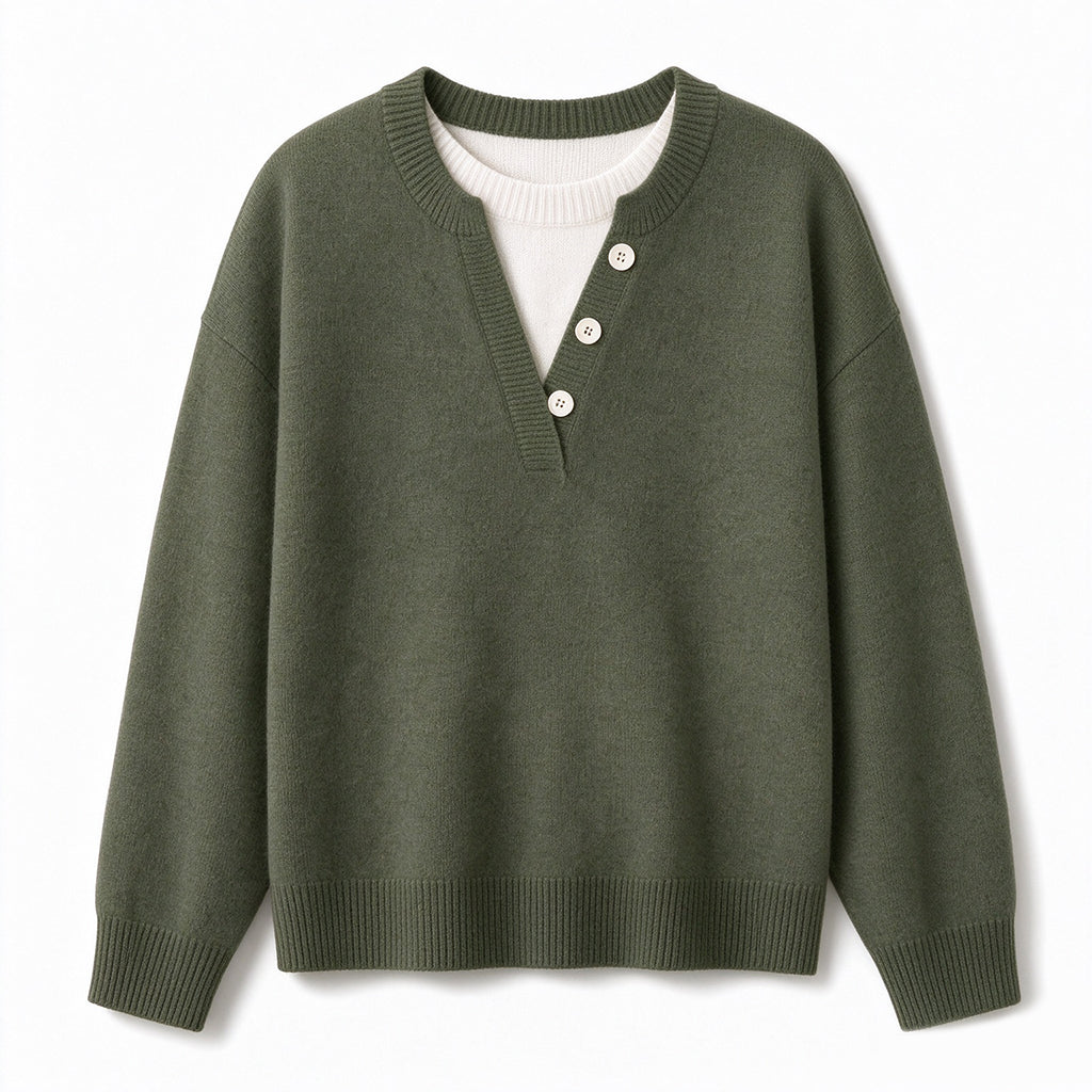 🌸Hot Sale 50% OFF💖Casual Mock Two Piece V Neck Knit Sweater with Button Details