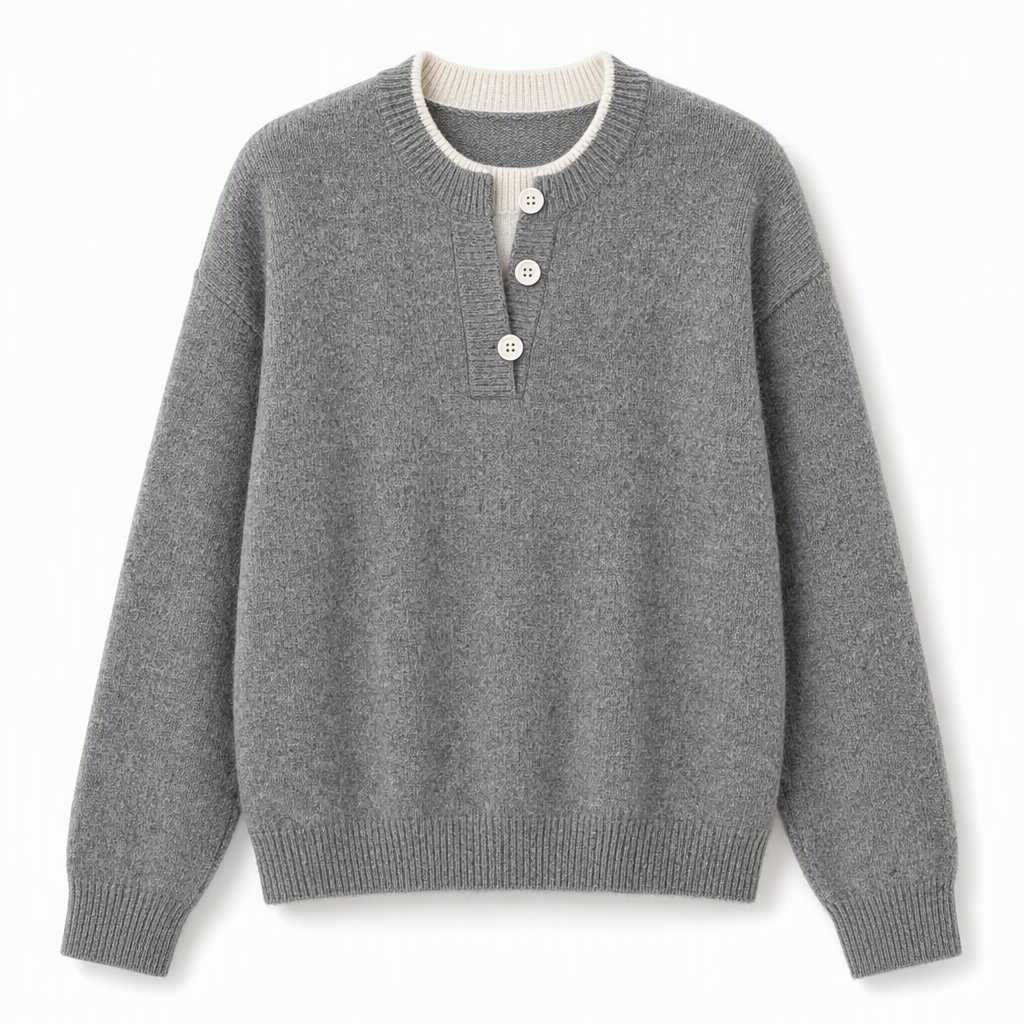 🌸Hot Sale 50% OFF💖Casual Mock Two Piece V Neck Knit Sweater with Button Details
