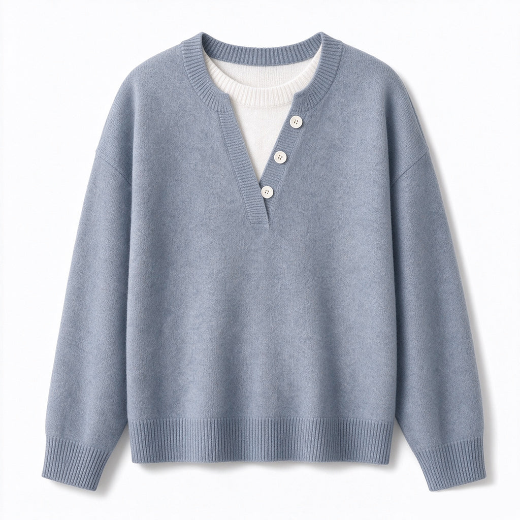 🌸Hot Sale 50% OFF💖Casual Mock Two Piece V Neck Knit Sweater with Button Details
