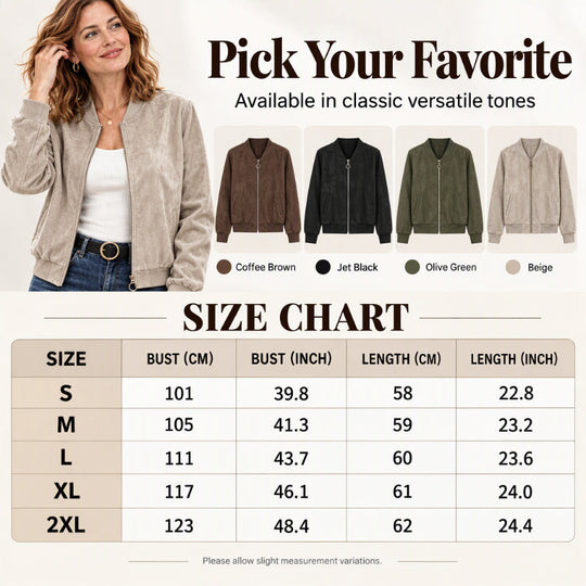 ✨ New Arrival 👩 Women's Faux Suede Cropped Bomber Jacket ✨ faux suede material, cropped length, zip-up bomber outerwear