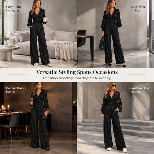 Women's Two Piece Outfit Fall Winter Deep V Neck Lantern Sleeve Pleated Top and Wide Leg Pants with Pockets
