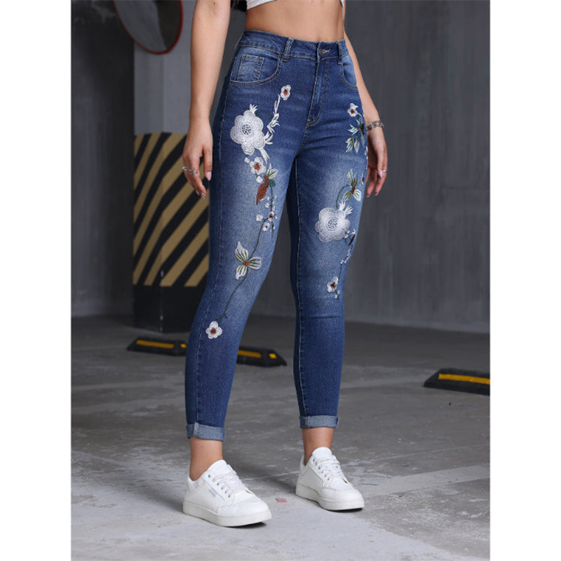 Women's Stretchy Floral Embroidered Skinny Jeans