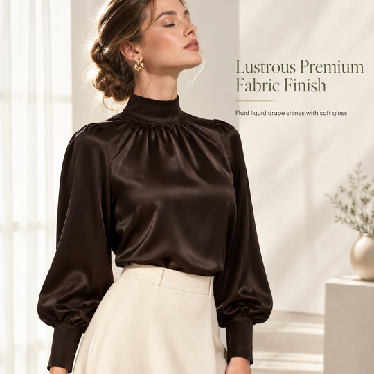 Elegant French Style Satin Blouse with Stand Collar and Long Lantern Sleeves for Autumn Winter Layering