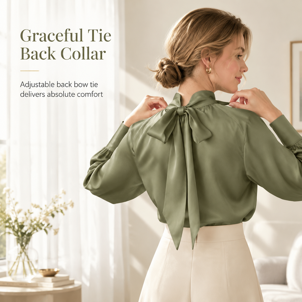 Elegant French Style Satin Blouse with Stand Collar and Long Lantern Sleeves for Autumn Winter Layering