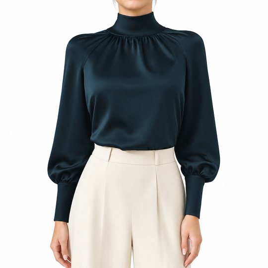 Elegant French Style Satin Blouse with Stand Collar and Long Lantern Sleeves for Autumn Winter Layering