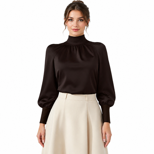 Elegant French Style Satin Blouse with Stand Collar and Long Lantern Sleeves for Autumn Winter Layering