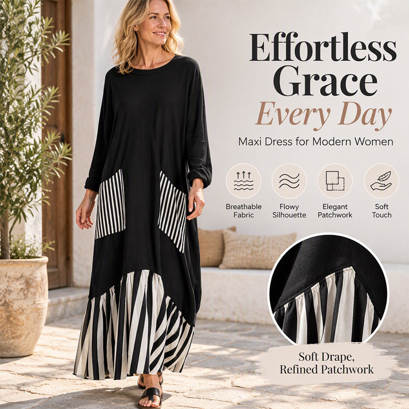 Women's Striped Patchwork Long Sleeve Maxi Dress