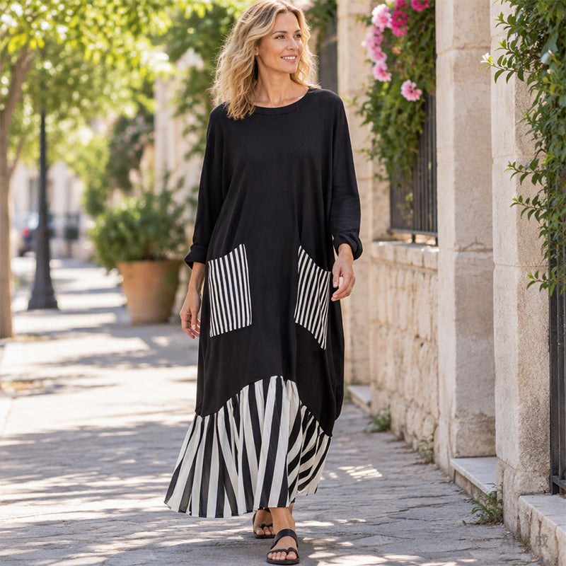 Women's Striped Patchwork Long Sleeve Maxi Dress