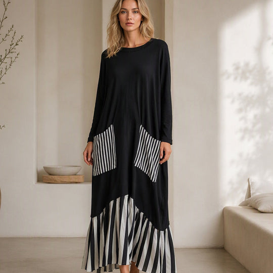 Women's Striped Patchwork Long Sleeve Maxi Dress