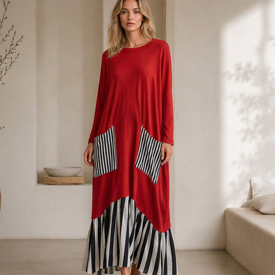 Women's Striped Patchwork Long Sleeve Maxi Dress
