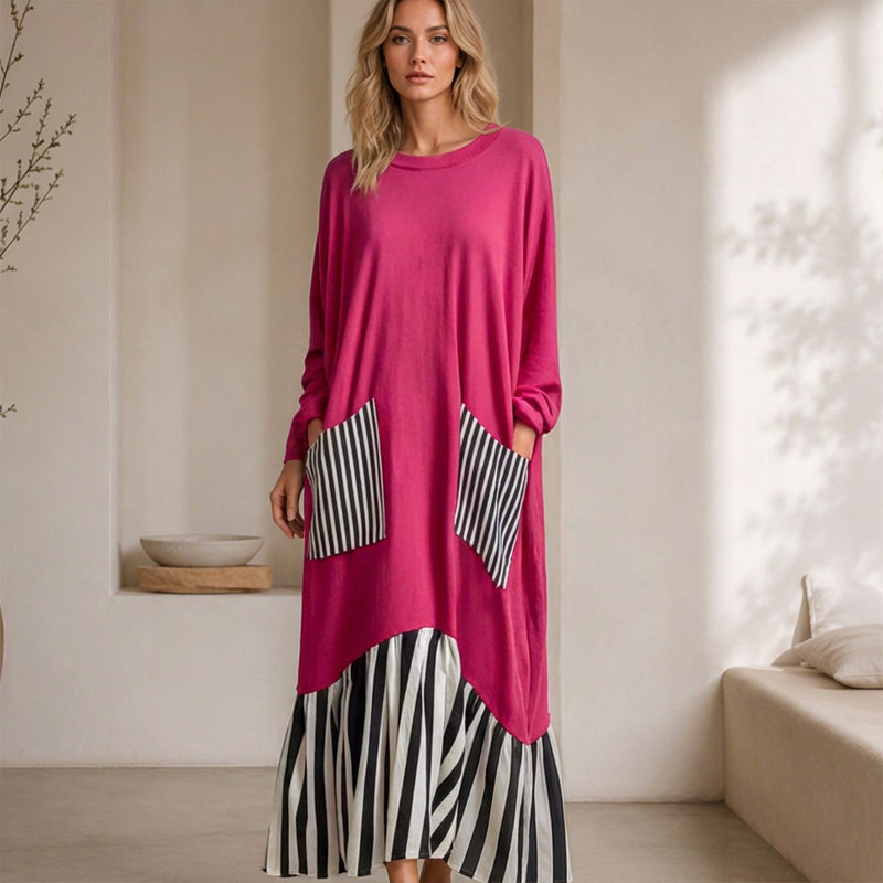 Women's Striped Patchwork Long Sleeve Maxi Dress
