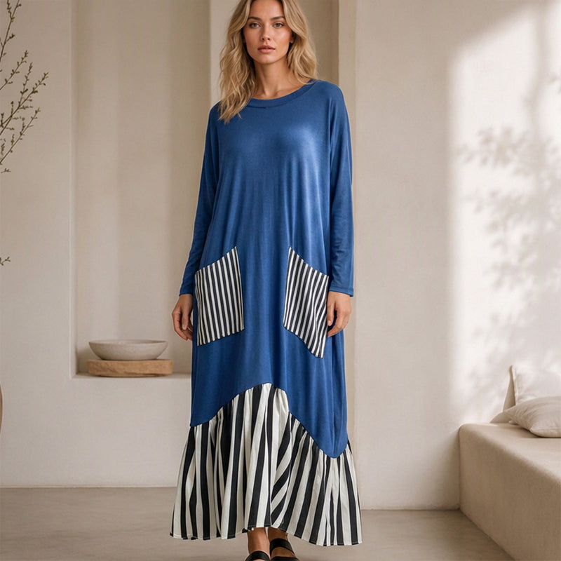 Women's Striped Patchwork Long Sleeve Maxi Dress