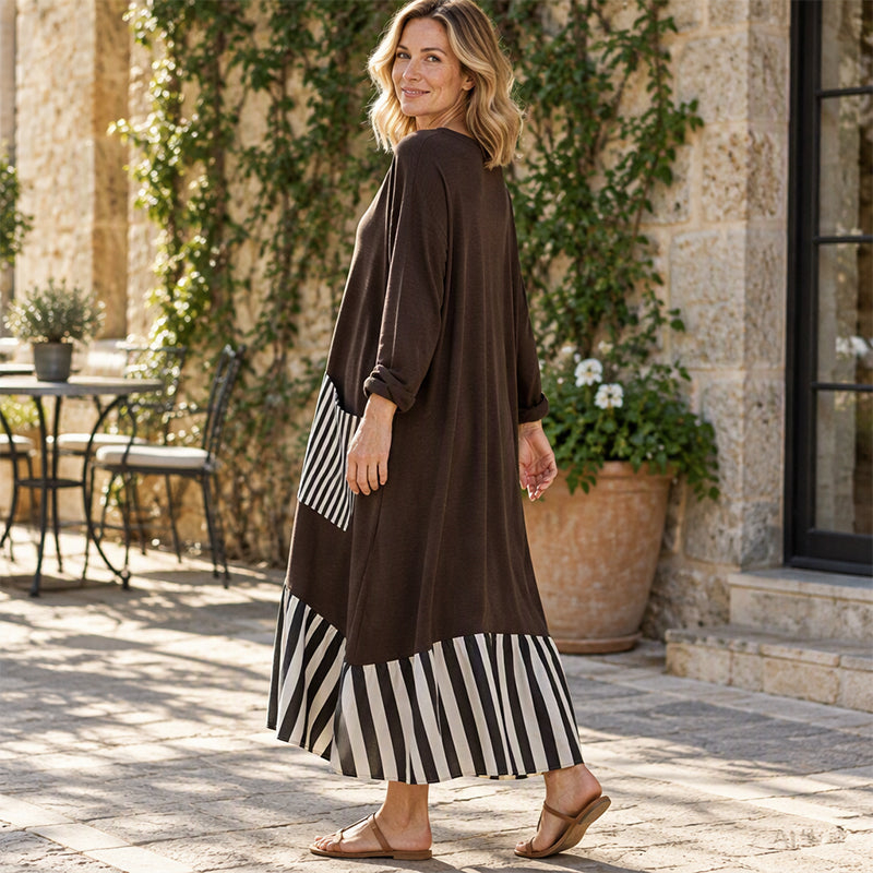 Women's Striped Patchwork Long Sleeve Maxi Dress