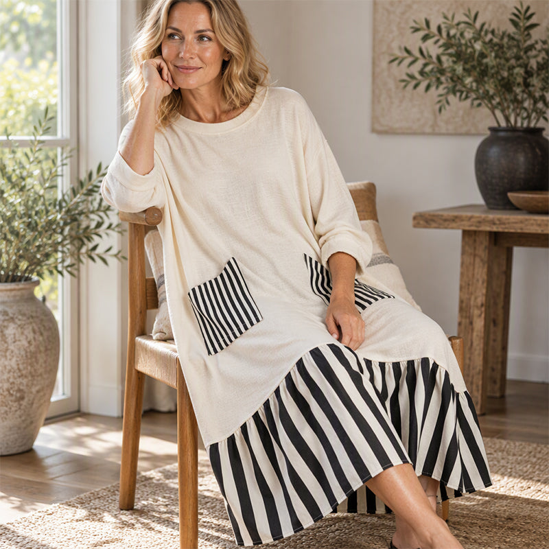Women's Striped Patchwork Long Sleeve Maxi Dress