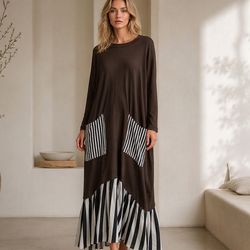 Women's Striped Patchwork Long Sleeve Maxi Dress