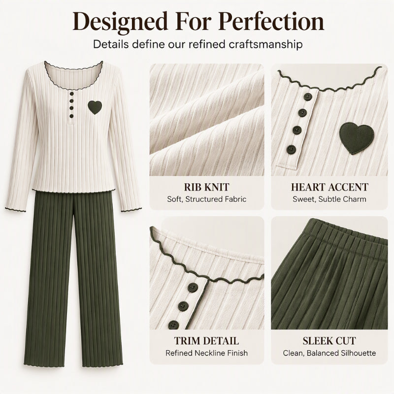 Women's Heart Embroidery Ribbed Pajama Set