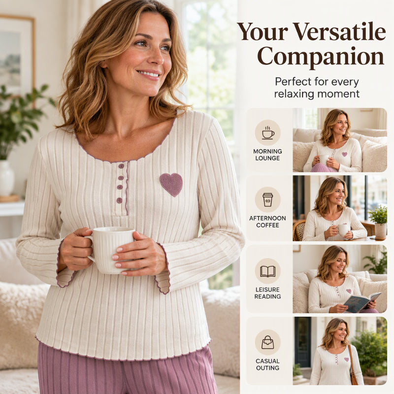 Women's Heart Embroidery Ribbed Pajama Set