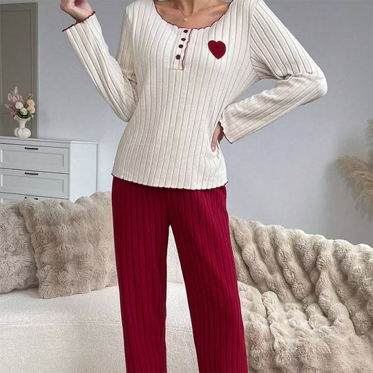 Women's Heart Embroidery Ribbed Pajama Set
