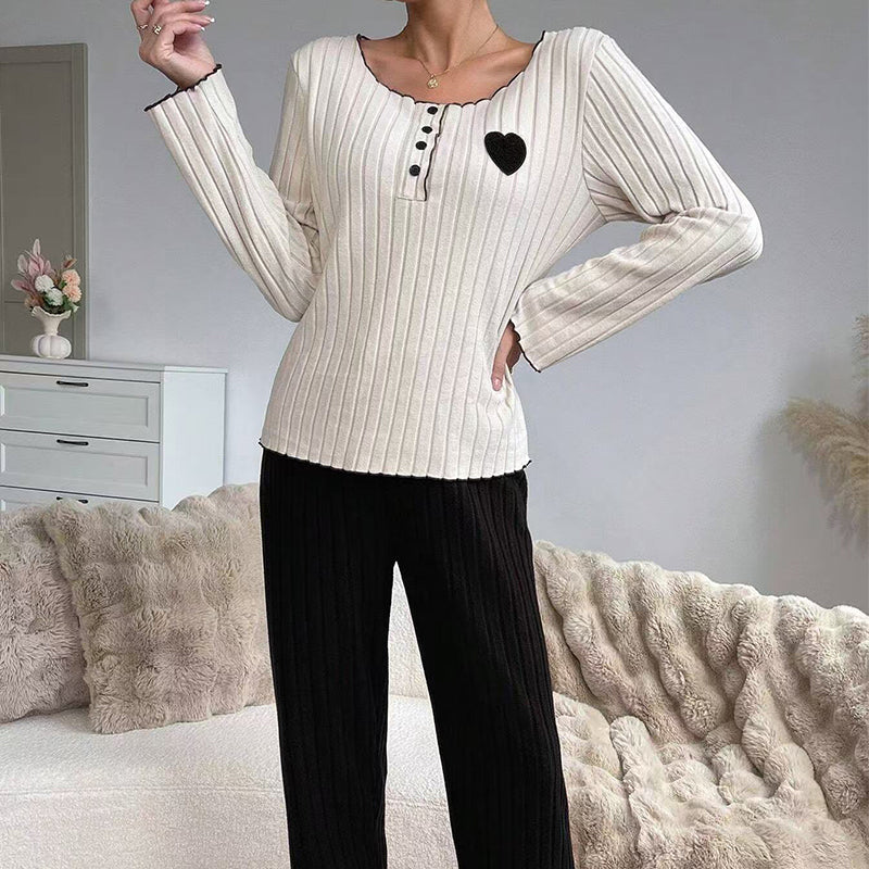 Women's Heart Embroidery Ribbed Pajama Set