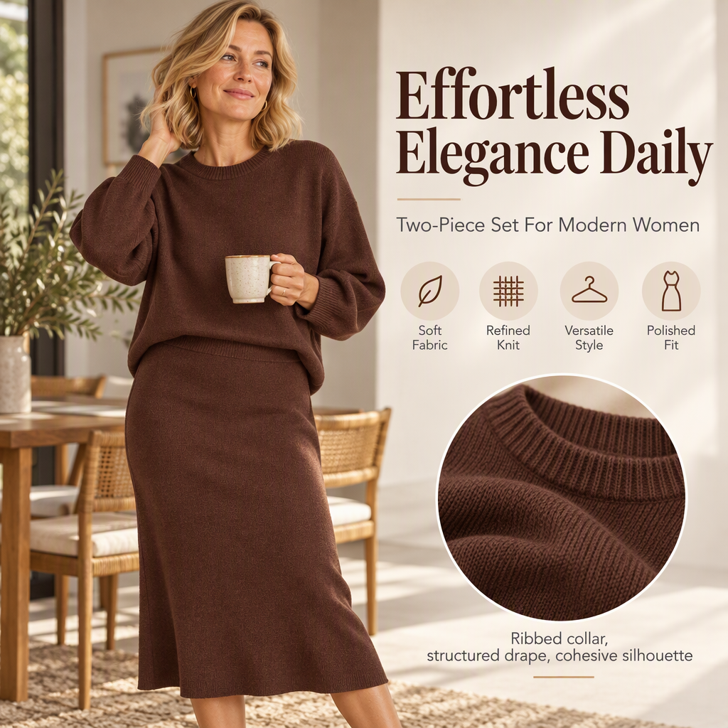 🍁Women's Knit Crewneck Top & Midi Skirt Set