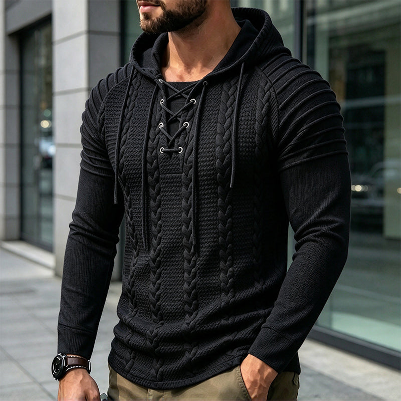 Men's Textured Pleated Shoulder Hooded Sweatshirt