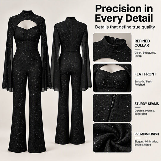 Women's Sparkly Glitter Cape Sleeve Jumpsuit