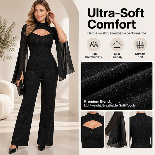 Women's Sparkly Glitter Cape Sleeve Jumpsuit