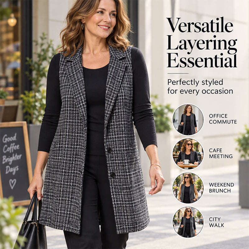 Women's Plaid Notched Lapel Longline Vest
