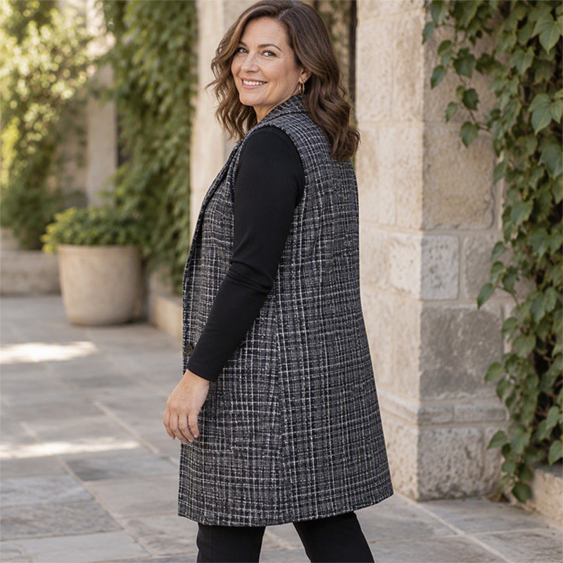 Women's Plaid Notched Lapel Longline Vest