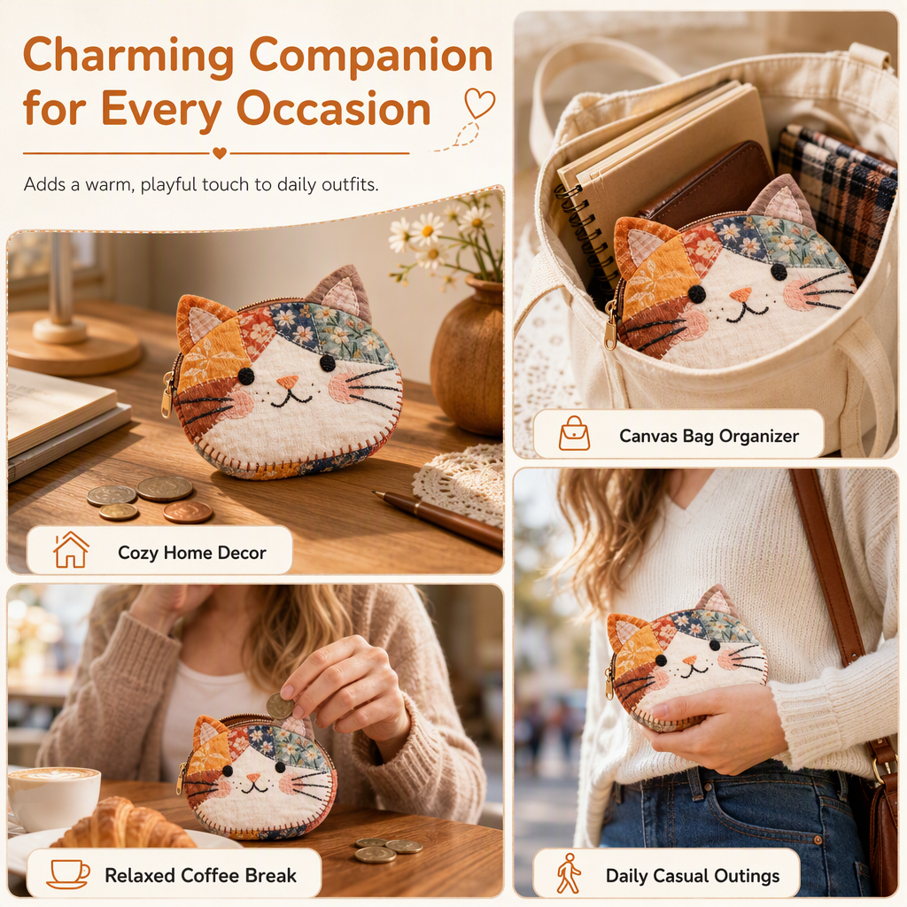 🎁Christmas Hot Sale 50% OFF🐱Cute Patchwork Cat Coin Purse, Handmade Fabric Kitten Mini Pouch, Portable Card Holder for Girls
