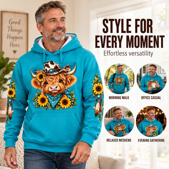 Men's Highland Cow Printed Hoodie with Pocket