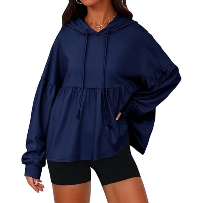 Women's Loose Ruffle Hem Hooded Sweatshirt