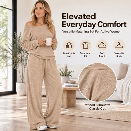 Women's Off-Shoulder Long Sleeve Top & Wide-Leg Pants Set